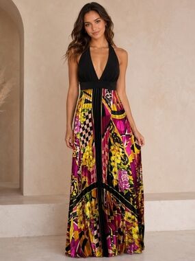 Cache Vintage Y2K Colorful Satin Gown Maxi Dress Size 4 Halter Prom Black Pink
